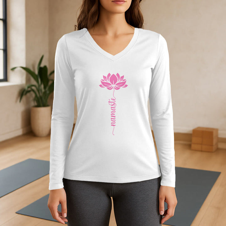 Olivenorma Namaste Lotus Yoga Long Sleeve V-Neck T-Shirt - White - 3XL - image 0