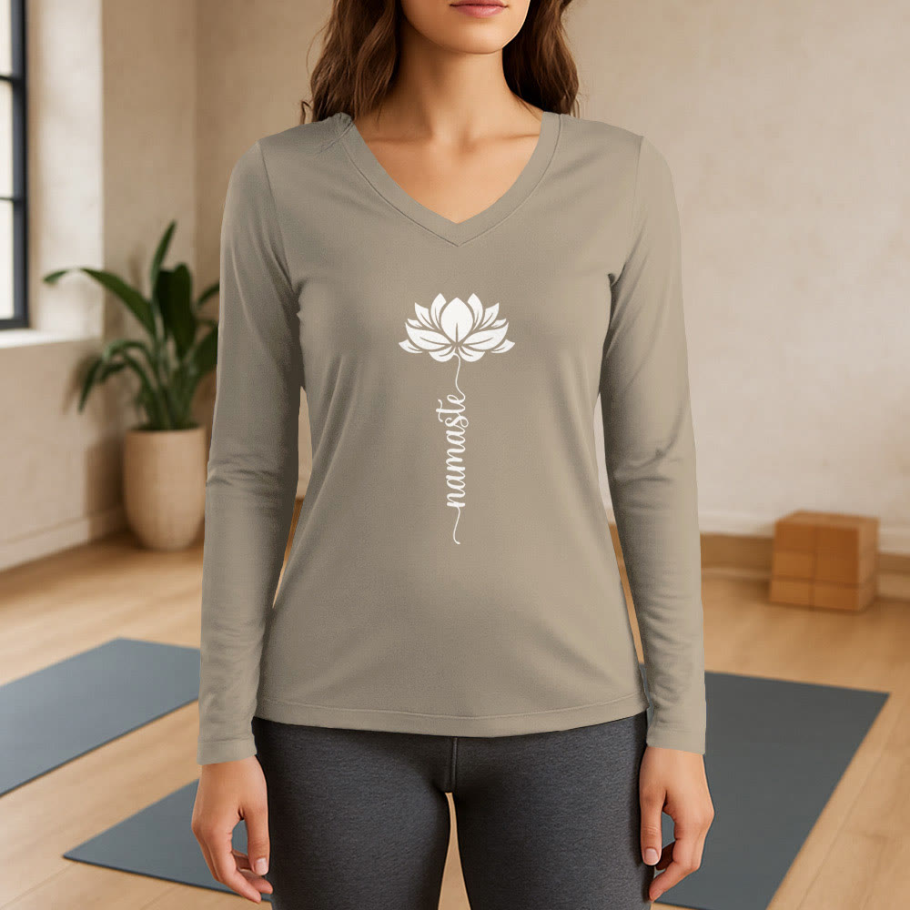 Olivenorma Namaste Lotus Yoga Long Sleeve V-Neck T-Shirt - Khaki - 3XL - image 17