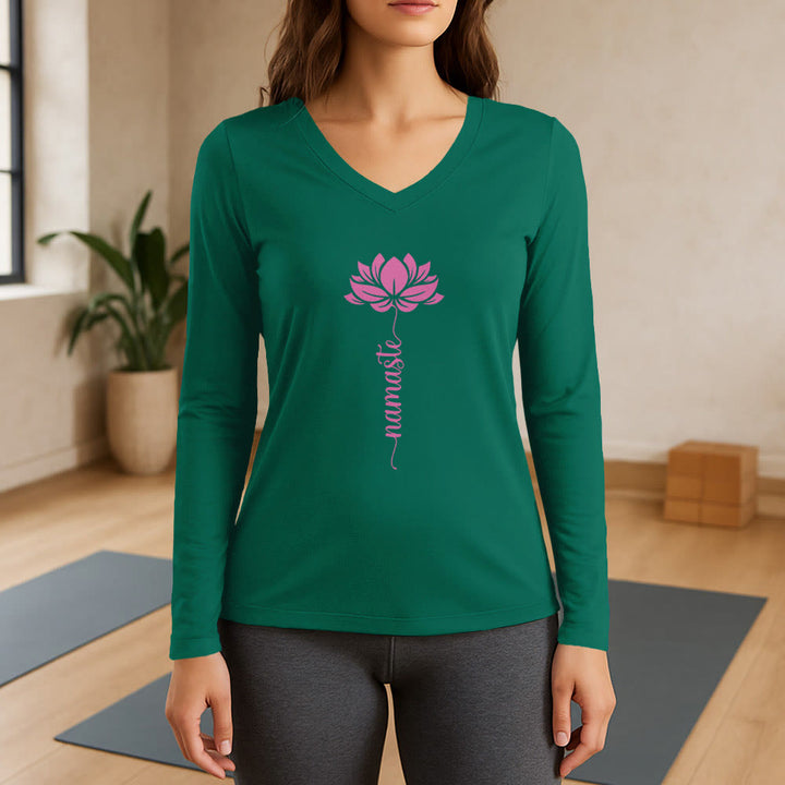 Olivenorma Namaste Lotus Yoga Long Sleeve V-Neck T-Shirt - Green - 3XL - image 11