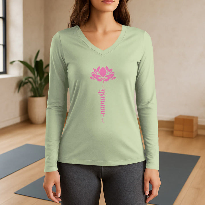 Olivenorma Namaste Lotus Yoga Long Sleeve V-Neck T-Shirt - Light Green - 3XL - image 9