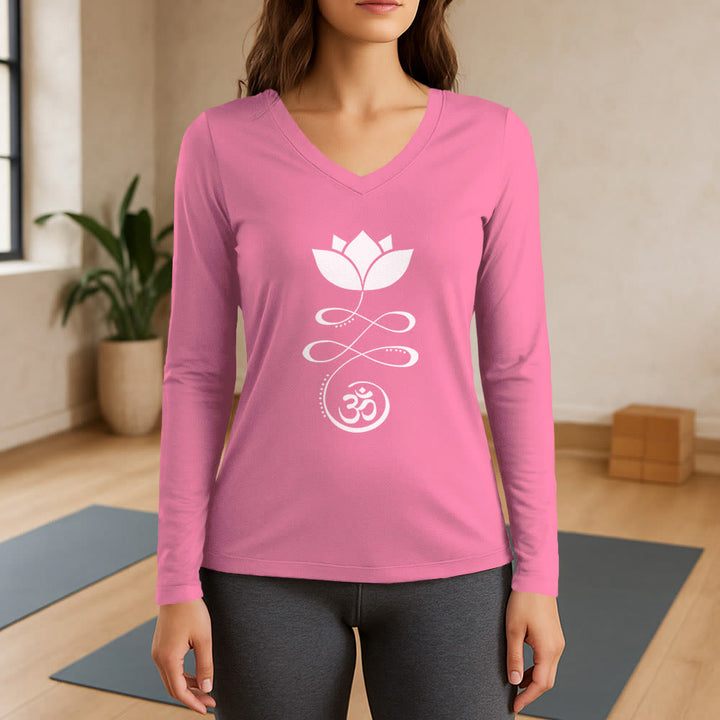 Olivenorma Yoga Lotus Flower Om Symbol Long Sleeve V-Neck T-Shirt - Pink - 3XL - image 13