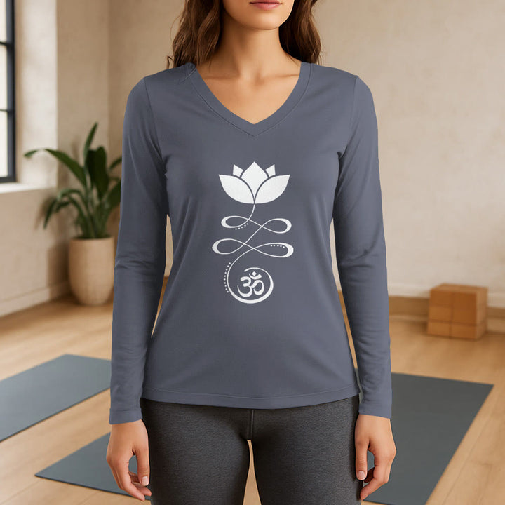 Olivenorma Yoga Lotus Flower Om Symbol Long Sleeve V-Neck T-Shirt - Gray - 3XL - image 16