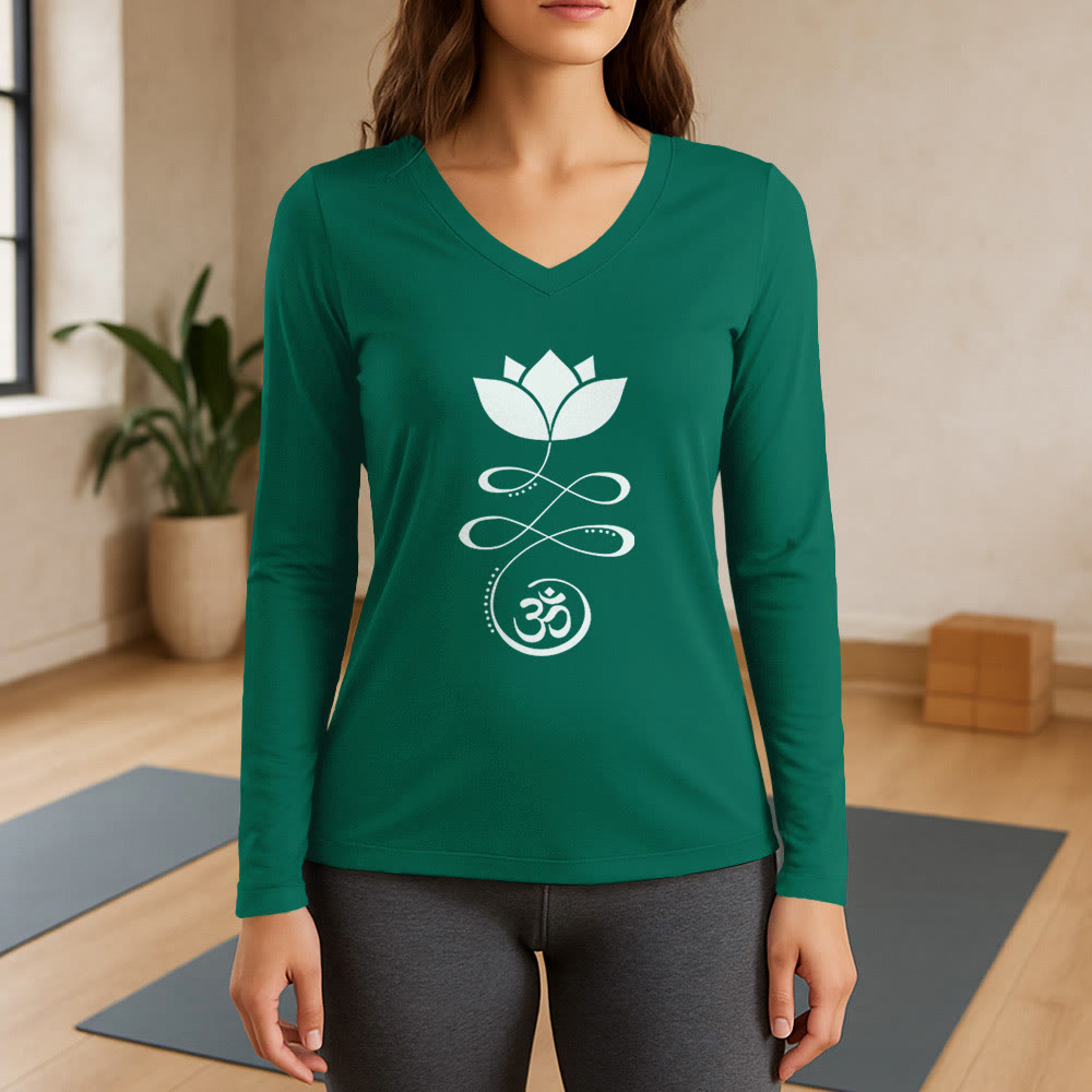 Olivenorma Yoga Lotus Flower Om Symbol Long Sleeve V-Neck T-Shirt - Green - 3XL - image 12