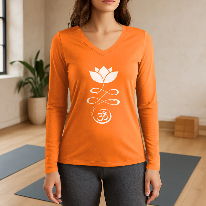 Olivenorma Yoga Lotus Flower Om Symbol Long Sleeve V-Neck T-Shirt - Orange - 3XL - image 15