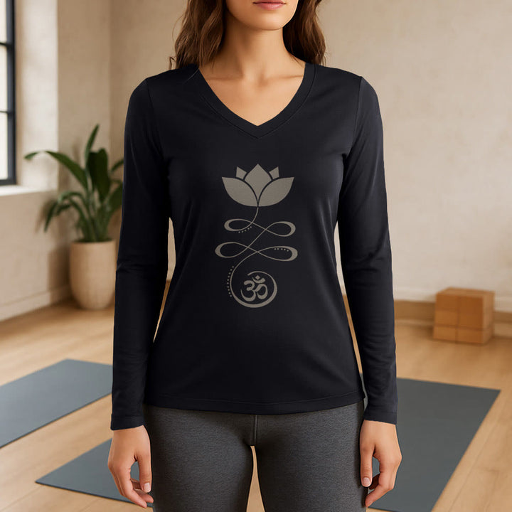 Olivenorma Yoga Lotus Flower Om Symbol Long Sleeve V-Neck T-Shirt - Black - 3XL - image 9