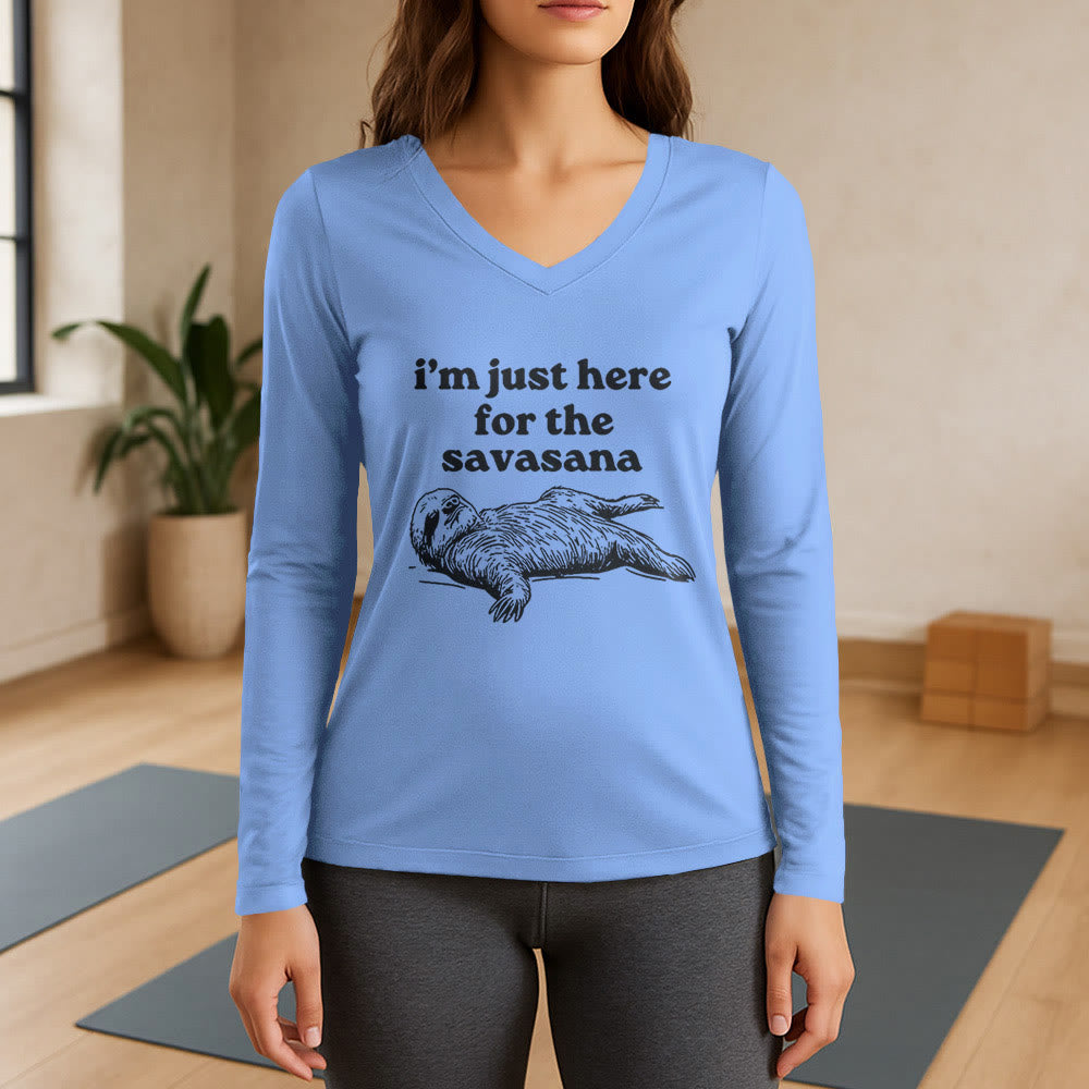 Olivenorma I'm Just Here for Savasana Long Sleeve V-Neck T-Shirt - Light Blue - 3XL - image 11