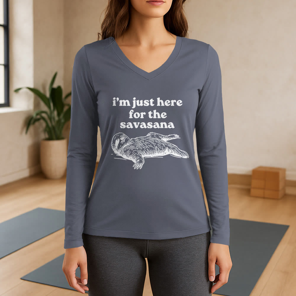 Olivenorma I'm Just Here for Savasana Long Sleeve V-Neck T-Shirt - Gray - 3XL - image 16