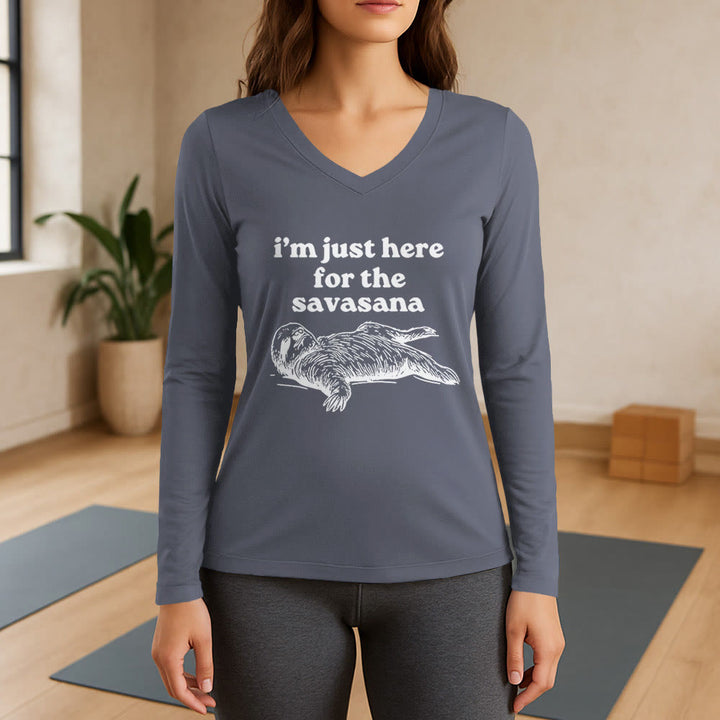 Olivenorma I'm Just Here for Savasana Long Sleeve V-Neck T-Shirt - Gray - 3XL - image 16