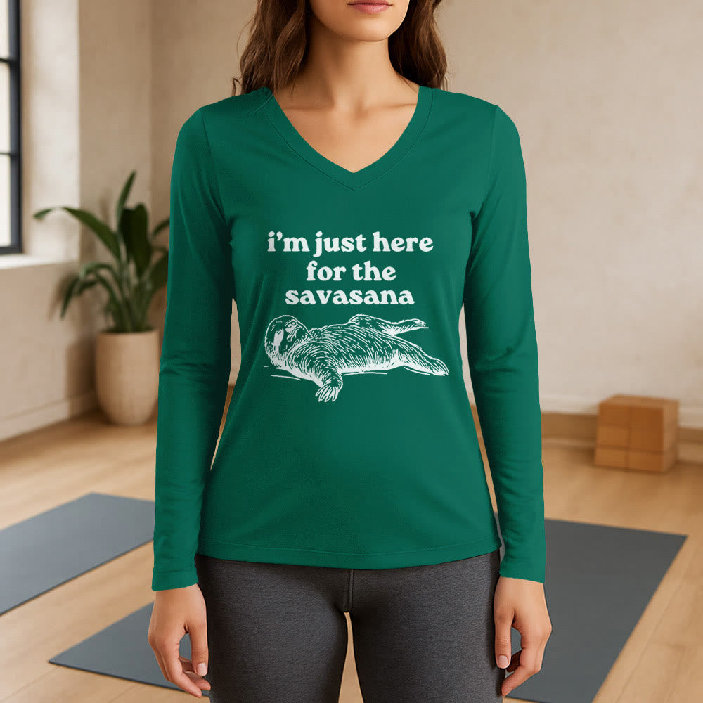 Olivenorma I'm Just Here for Savasana Long Sleeve V-Neck T-Shirt - Green - 3XL - image 12