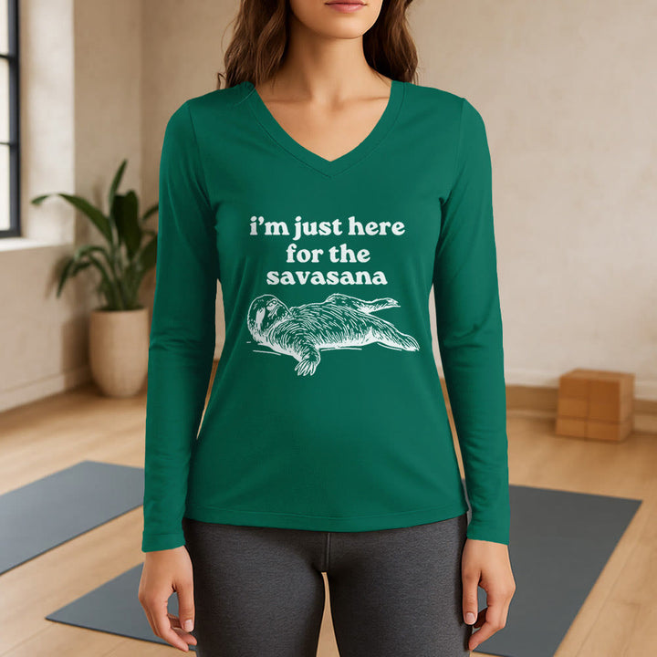 Olivenorma I'm Just Here for Savasana Long Sleeve V-Neck T-Shirt - Green - 3XL - image 12