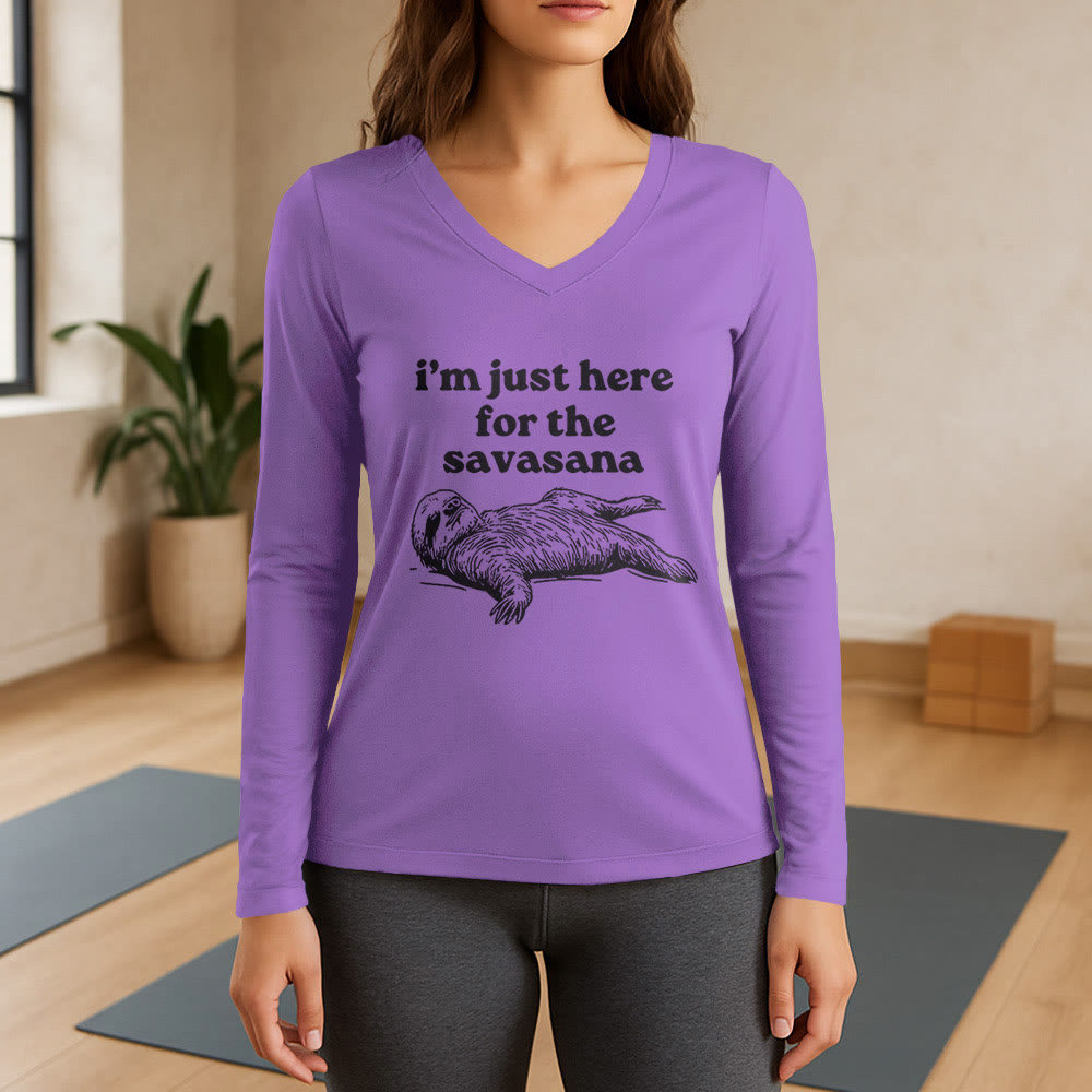 Olivenorma I'm Just Here for Savasana Long Sleeve V-Neck T-Shirt - Purple - 3XL - image 14