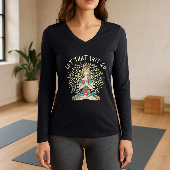 Olivenorma "Let That Shit Go" Yoga Meditation Long Sleeve V-Neck T-Shirt - Black - 3XL - image 0
