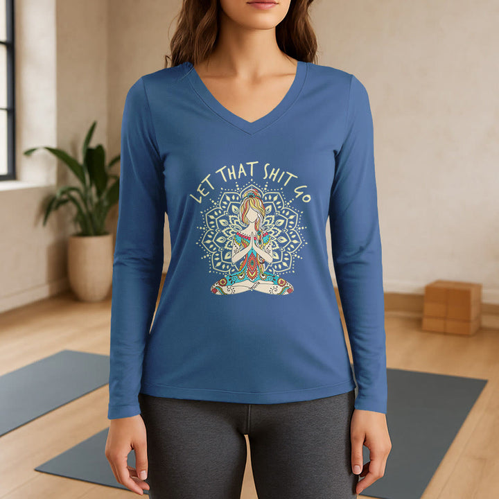 Olivenorma "Let That Shit Go" Yoga Meditation Long Sleeve V-Neck T-Shirt - Blue - 3XL - image 12