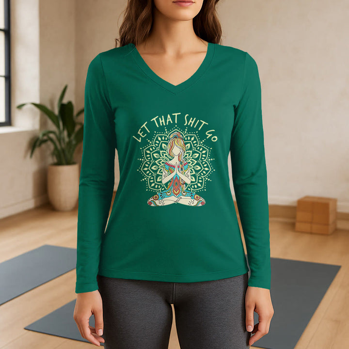 Olivenorma "Let That Shit Go" Yoga Meditation Long Sleeve V-Neck T-Shirt - Green - 3XL - image 11