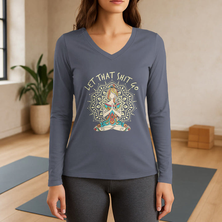 Olivenorma "Let That Shit Go" Yoga Meditation Long Sleeve V-Neck T-Shirt - Gray - 3XL - image 16