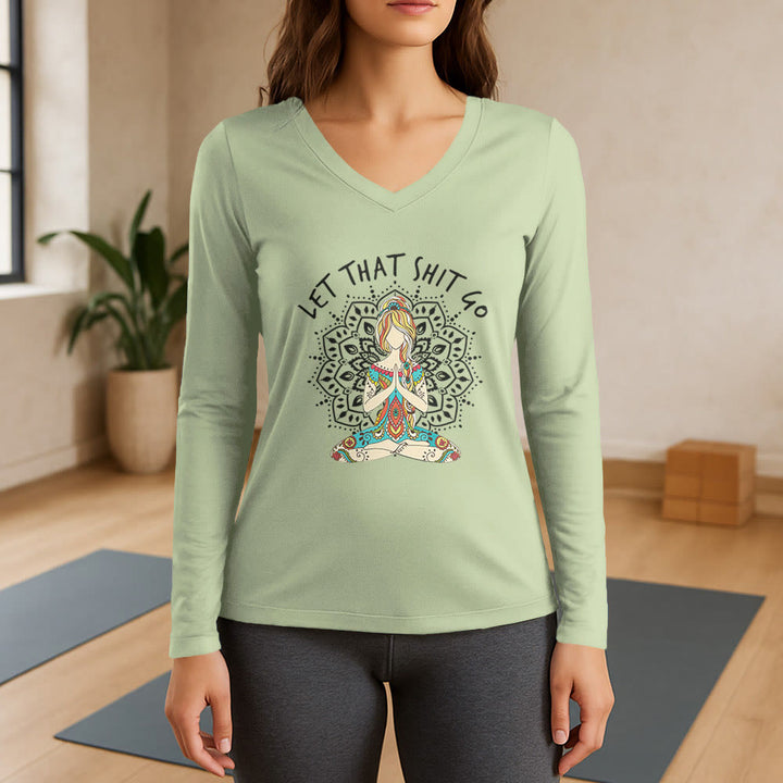 Olivenorma "Let That Shit Go" Yoga Meditation Long Sleeve V-Neck T-Shirt - Light Green - 3XL - image 9