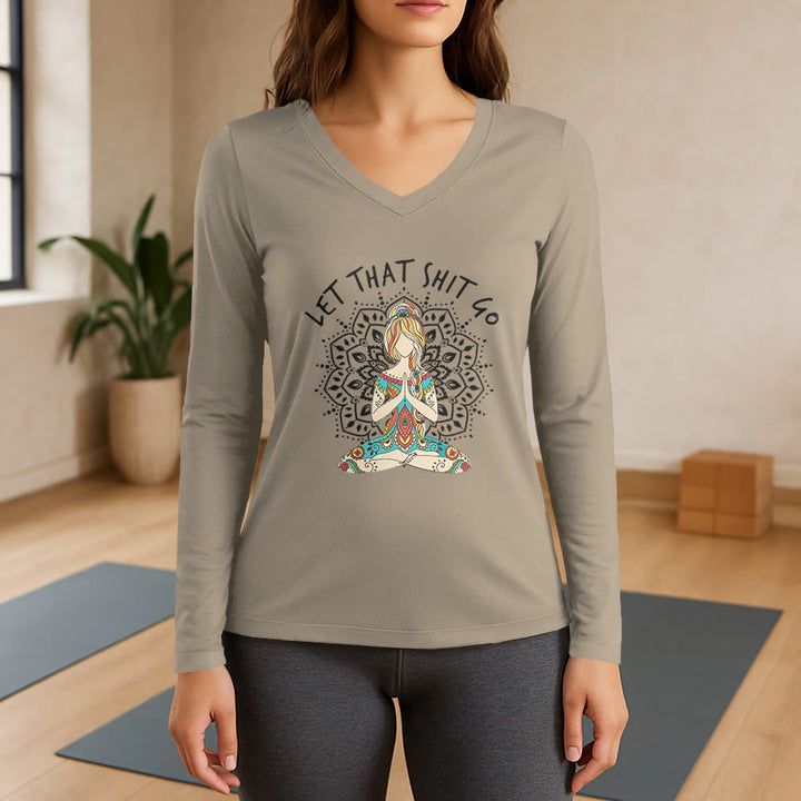 Olivenorma "Let That Shit Go" Yoga Meditation Long Sleeve V-Neck T-Shirt - Khaki - 3XL - image 17