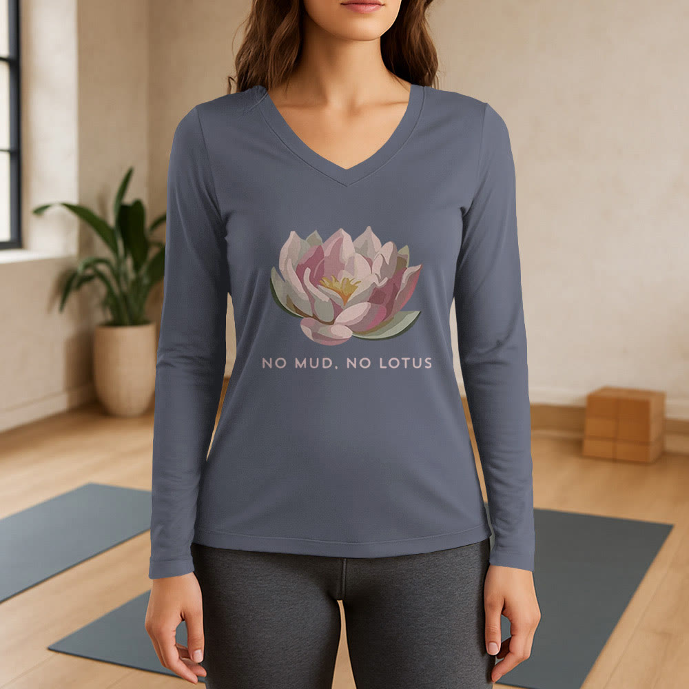 Olivenorma "NO MUD, NO LOTUS" Yoga Tee Long Sleeve V-Neck T-Shirt - Gray - 3XL - image 16