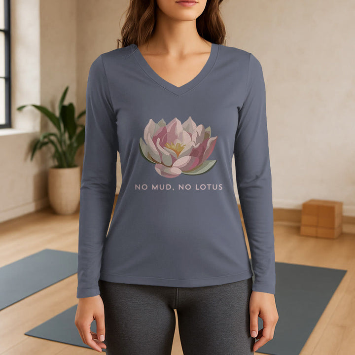 Olivenorma "NO MUD, NO LOTUS" Yoga Tee Long Sleeve V-Neck T-Shirt - Gray - 3XL - image 16