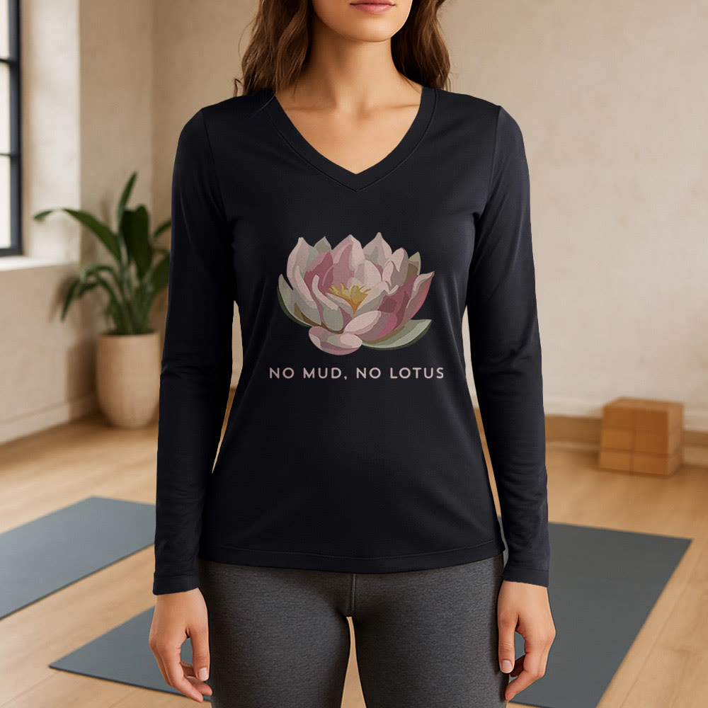 Olivenorma "NO MUD, NO LOTUS" Yoga Tee Long Sleeve V-Neck T-Shirt - Black - 3XL - image 0