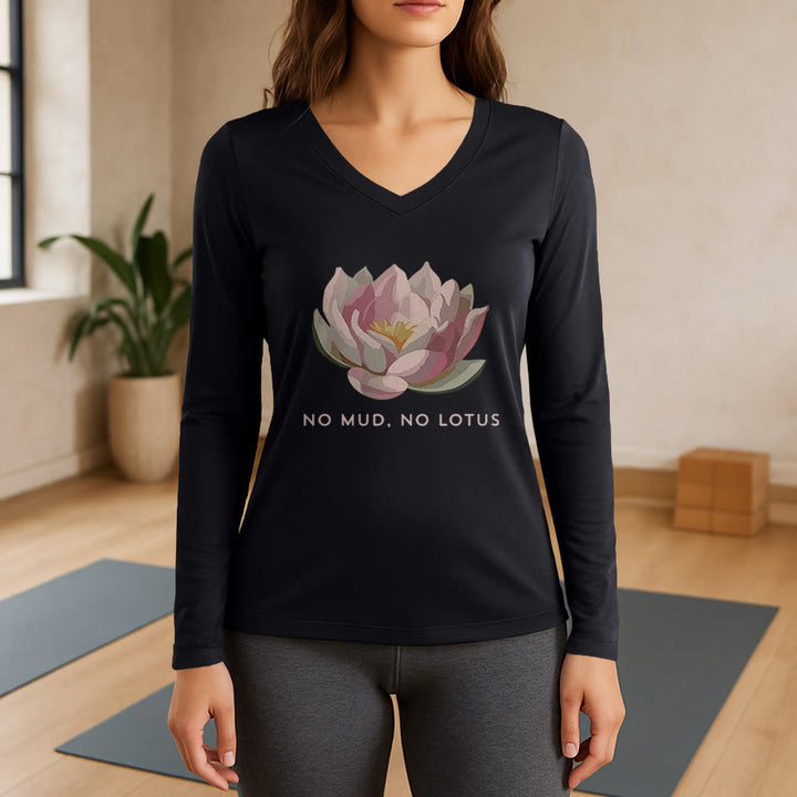 Olivenorma "NO MUD, NO LOTUS" Yoga Tee Long Sleeve V-Neck T-Shirt - Black - 3XL - image 0