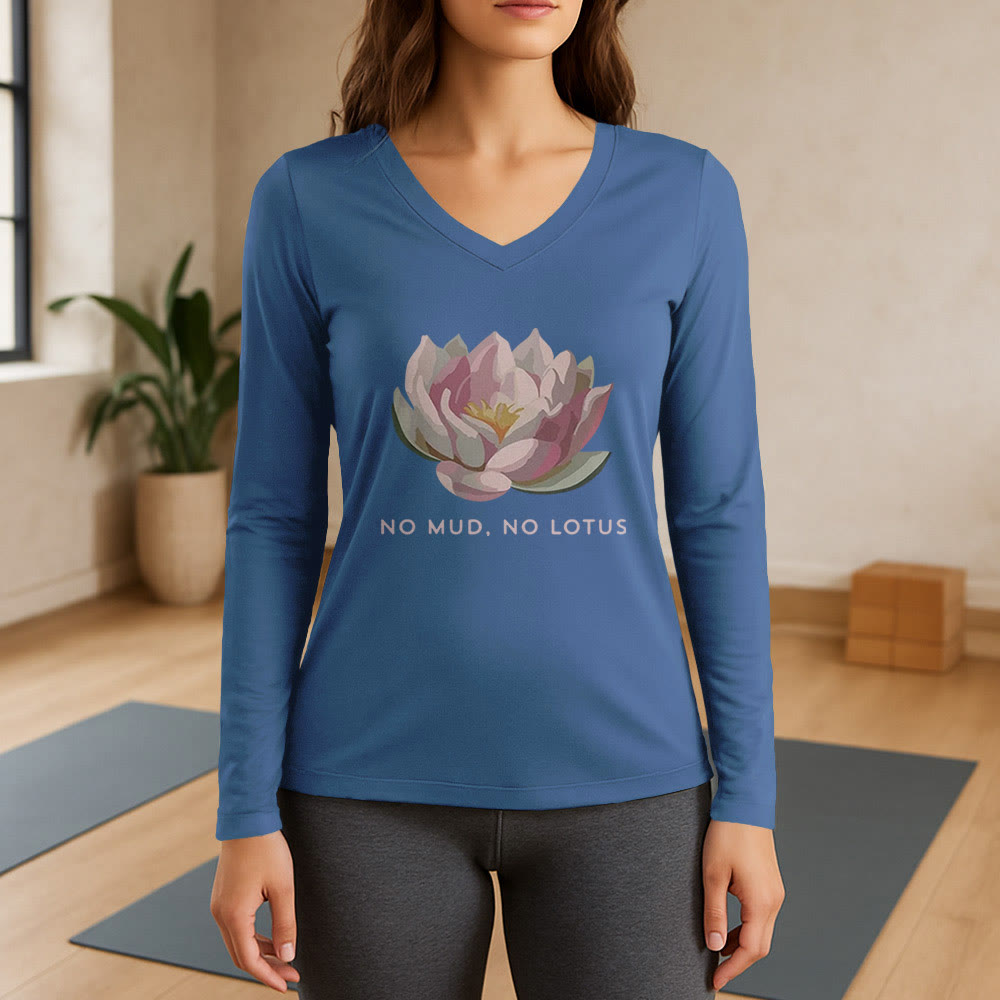 Olivenorma "NO MUD, NO LOTUS" Yoga Tee Long Sleeve V-Neck T-Shirt - Blue - 3XL - image 12