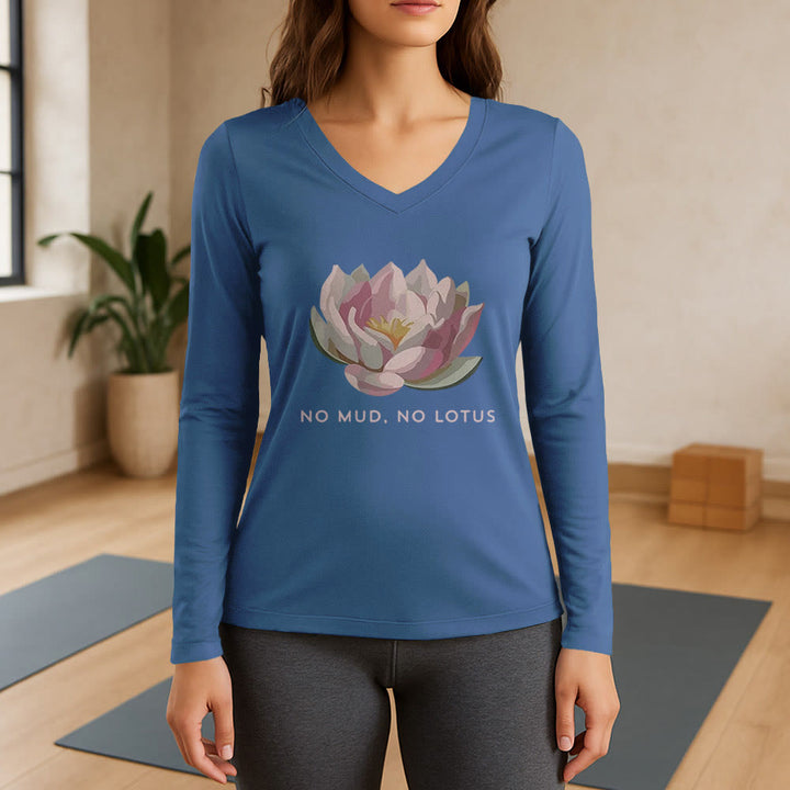 Olivenorma "NO MUD, NO LOTUS" Yoga Tee Long Sleeve V-Neck T-Shirt - Blue - 3XL - image 12