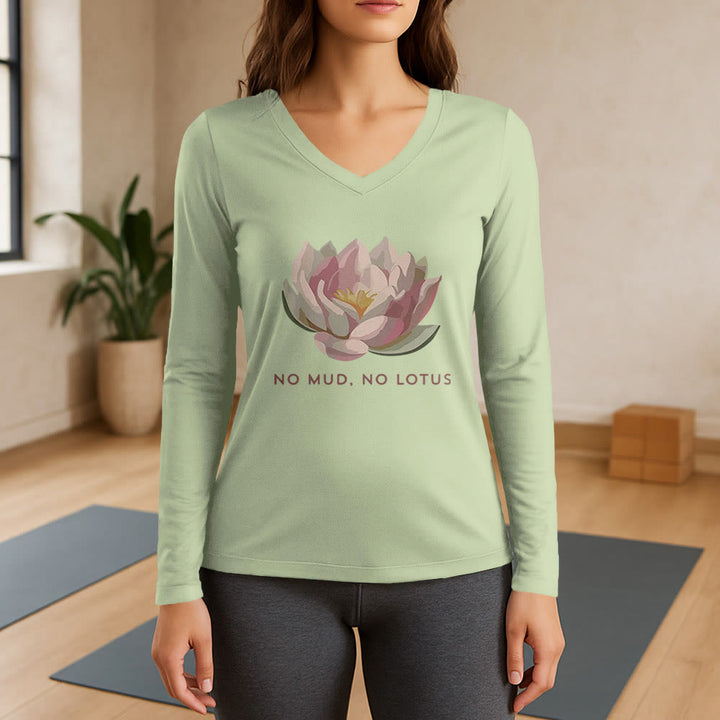 Olivenorma "NO MUD, NO LOTUS" Yoga Tee Long Sleeve V-Neck T-Shirt - Light Green - 3XL - image 9