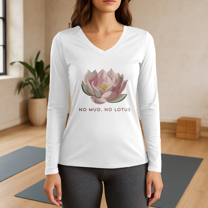 Olivenorma "NO MUD, NO LOTUS" Yoga Tee Long Sleeve V-Neck T-Shirt - White - 3XL - image 7