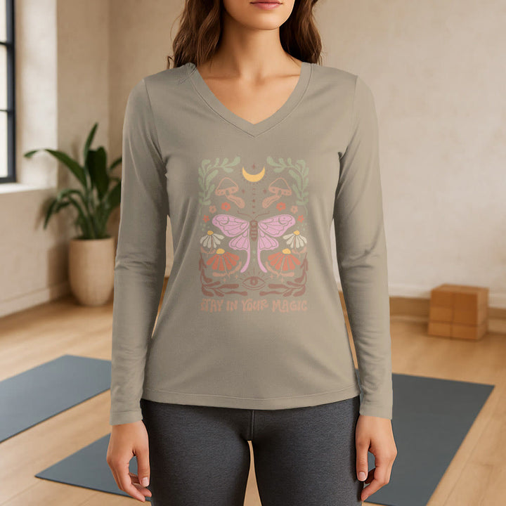 Olivenorma Luna Moth Long Sleeve V-Neck T-Shirt - Khaki - 3XL - image 17