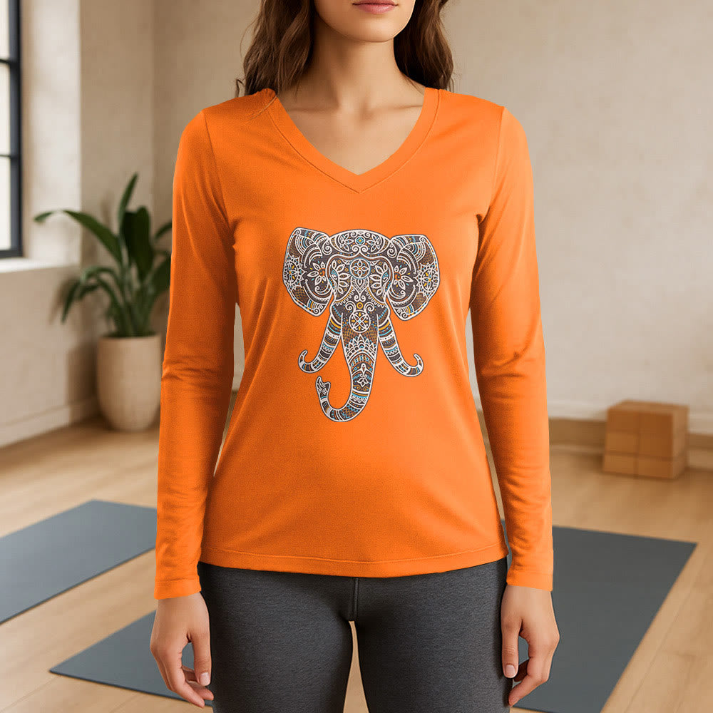 Olivenorma Women's Nature and Animal Elephant Long Sleeve V-Neck T-Shirt - Orange - 3XL - image 15