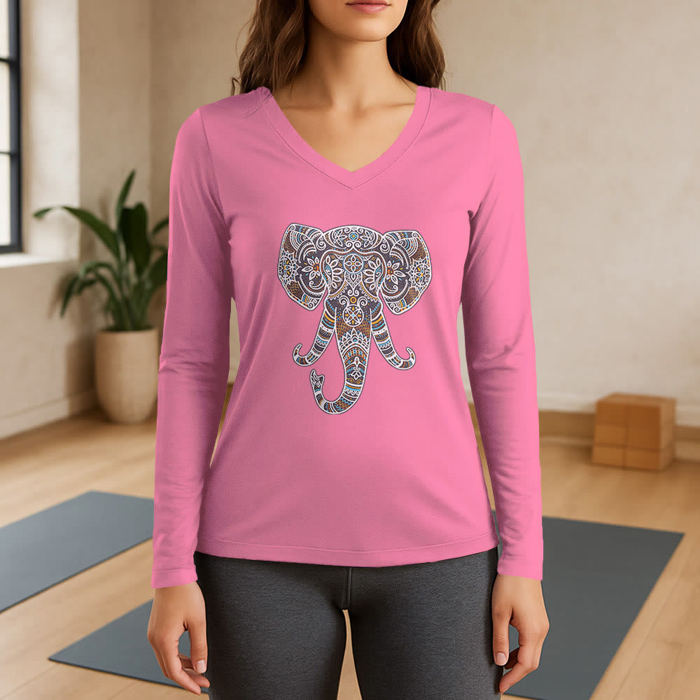 Olivenorma Women's Nature and Animal Elephant Long Sleeve V-Neck T-Shirt - Pink - 3XL - image 13