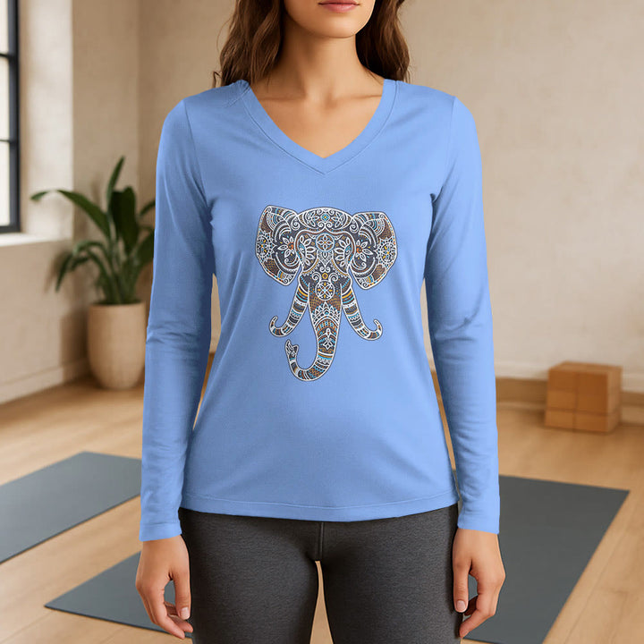 Olivenorma Women's Nature and Animal Elephant Long Sleeve V-Neck T-Shirt - Light Blue - 3XL - image 11