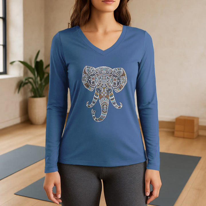 Olivenorma Women's Nature and Animal Elephant Long Sleeve V-Neck T-Shirt - Blue - 3XL - image 12