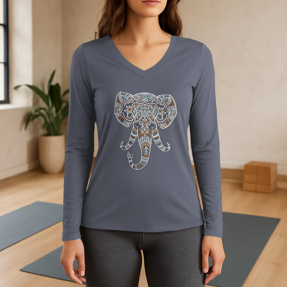 Olivenorma Women's Nature and Animal Elephant Long Sleeve V-Neck T-Shirt - Gray - 3XL - image 16