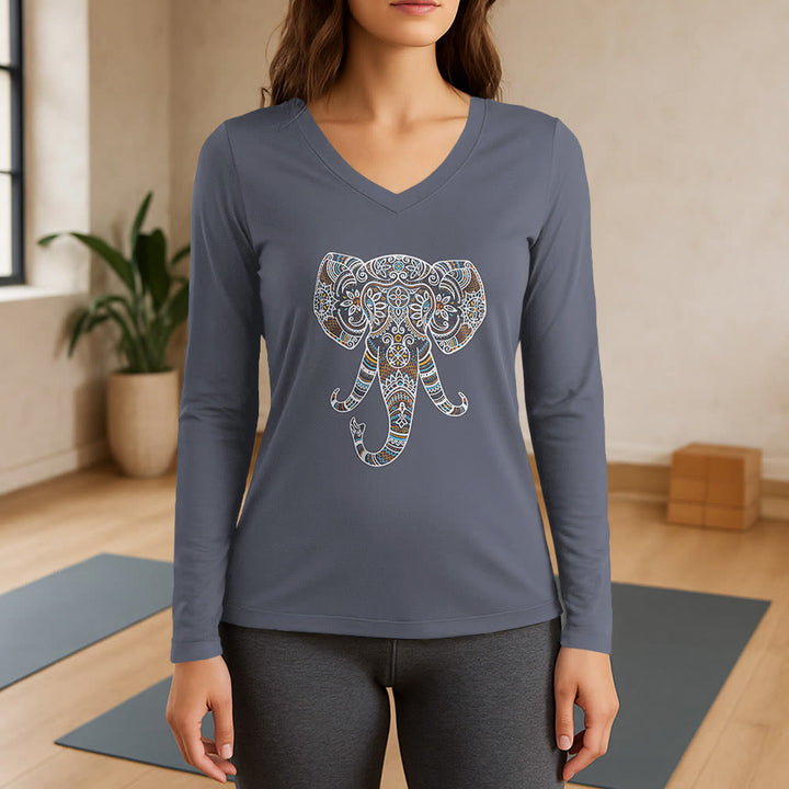 Olivenorma Women's Nature and Animal Elephant Long Sleeve V-Neck T-Shirt - Gray - 3XL - image 16