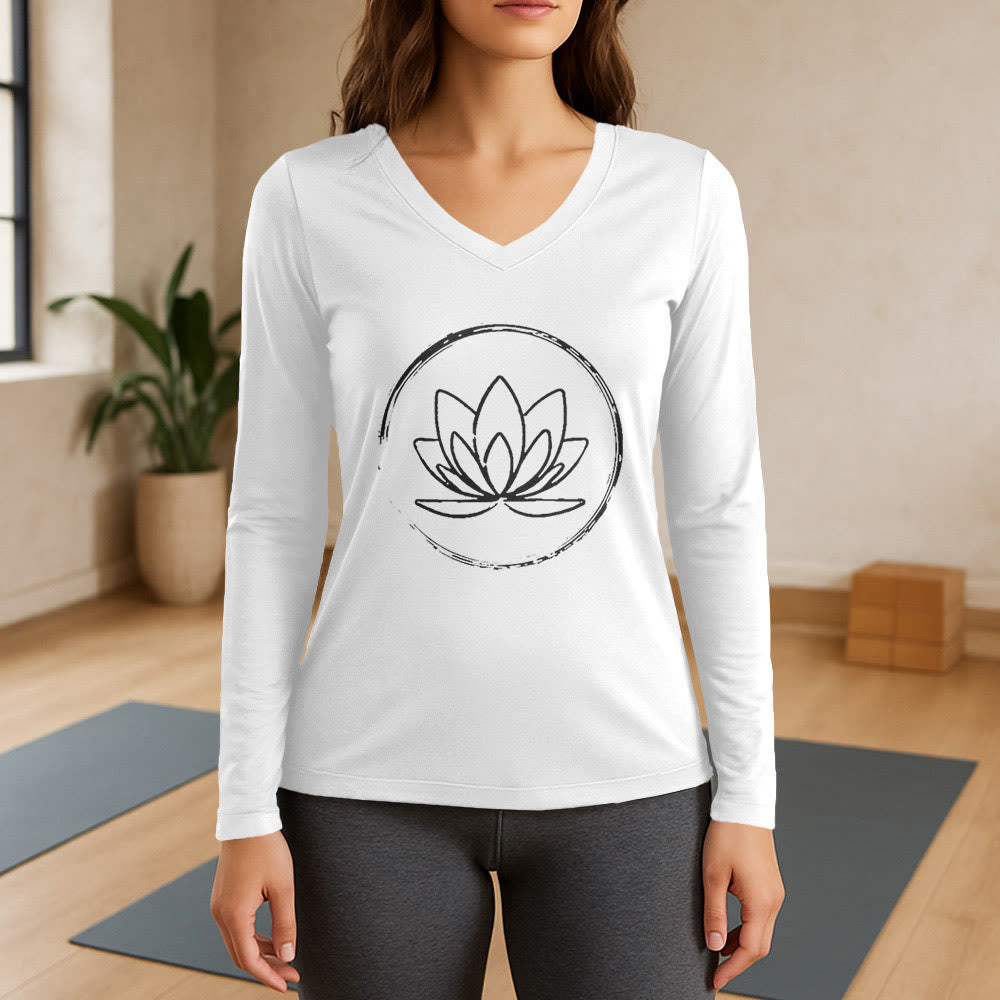 Olivenorma Boho Lotus Flower Long Sleeve V-Neck T-Shirt - White - 3XL - image 0