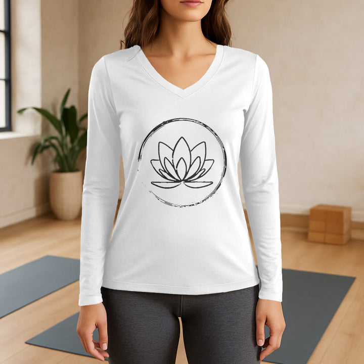 Olivenorma Boho Lotus Flower Long Sleeve V-Neck T-Shirt - White - 3XL - image 0