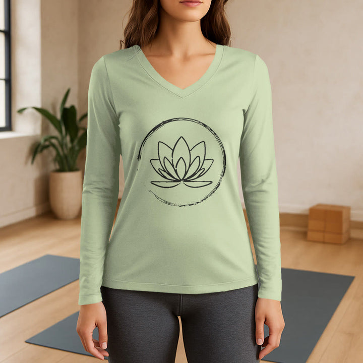 Olivenorma Boho Lotus Flower Long Sleeve V-Neck T-Shirt - Light Green - 3XL - image 9