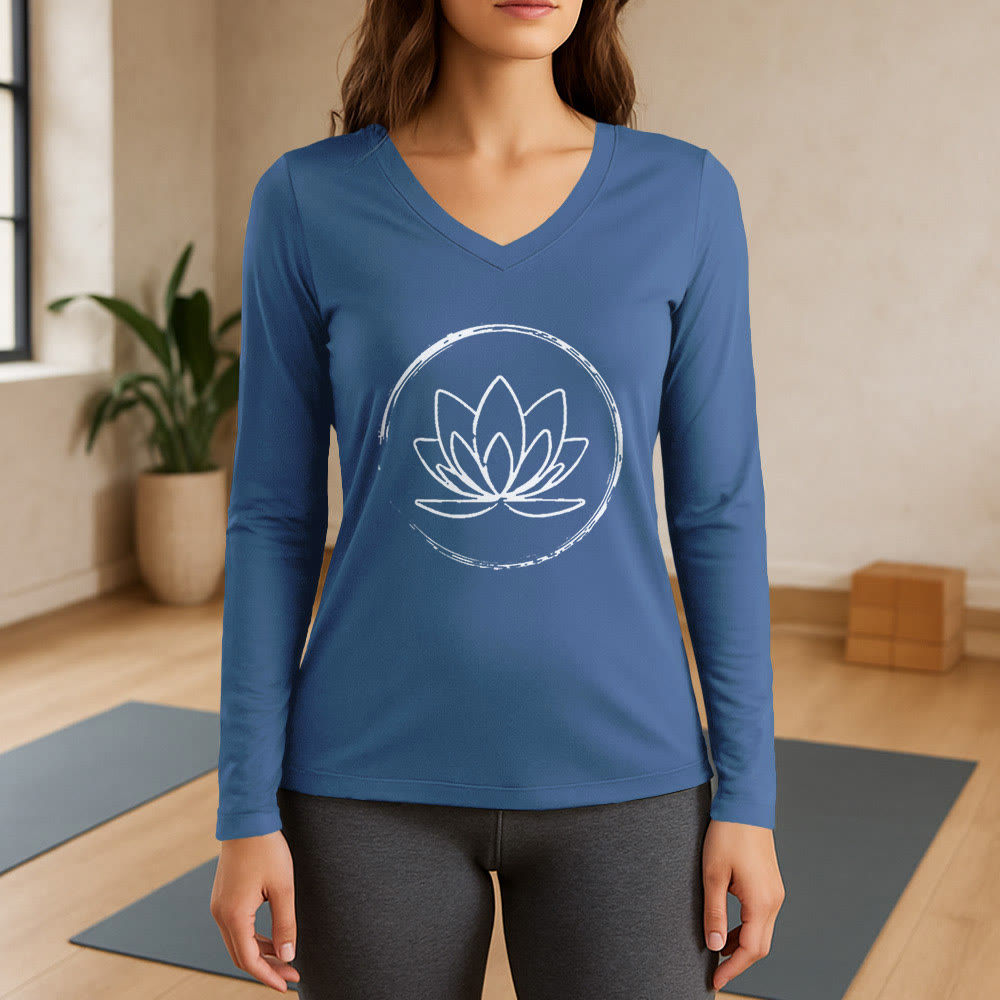 Olivenorma Boho Lotus Flower Long Sleeve V-Neck T-Shirt - Blue - 3XL - image 12