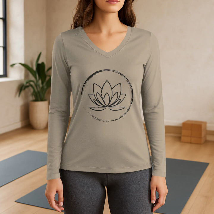 Olivenorma Boho Lotus Flower Long Sleeve V-Neck T-Shirt - Khaki - 3XL - image 17