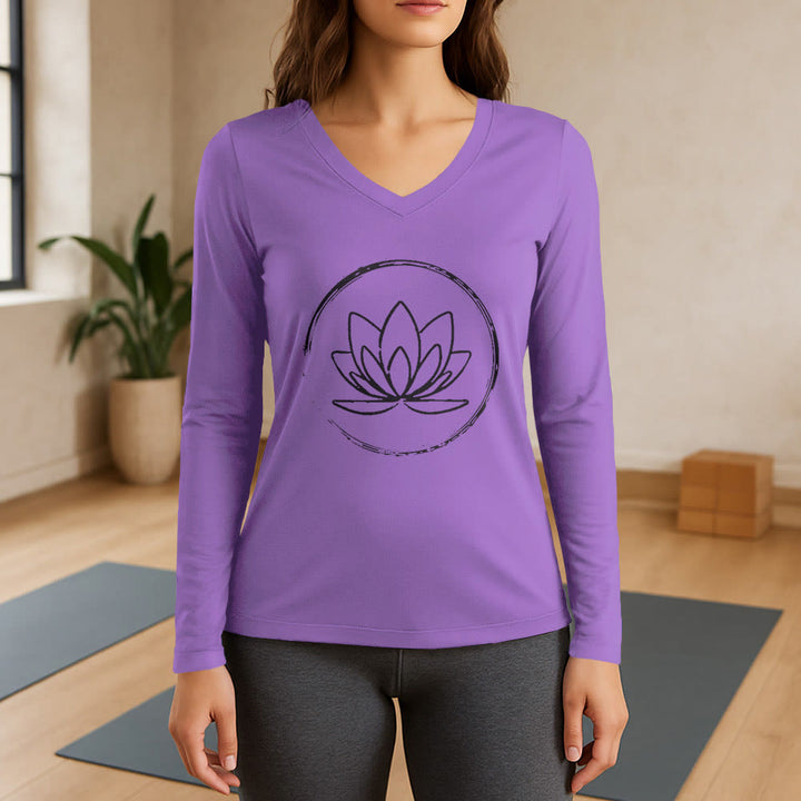 Olivenorma Boho Lotus Flower Long Sleeve V-Neck T-Shirt - Purple - 3XL - image 14