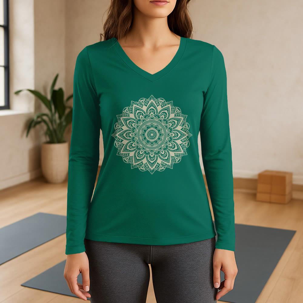 Olivenorma Lotus Flower Geometric Pattern Yoga Long Sleeve V-Neck T-Shirt - Green - 3XL - image 11
