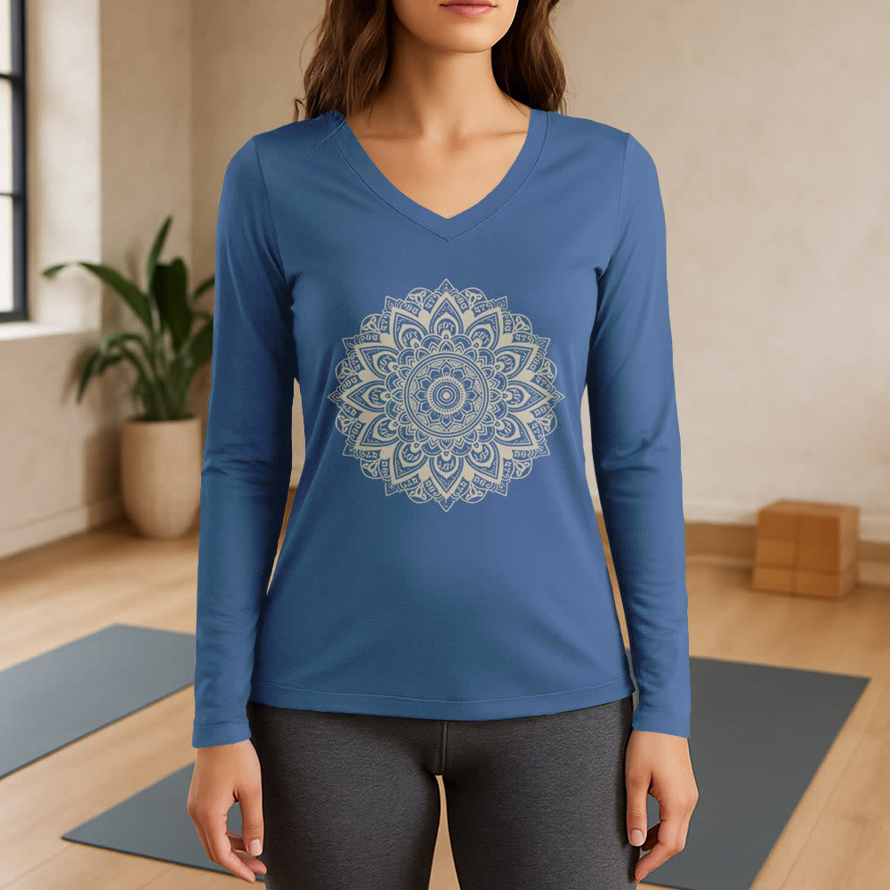 Olivenorma Lotus Flower Geometric Pattern Yoga Long Sleeve V-Neck T-Shirt - Blue - 3XL - image 12