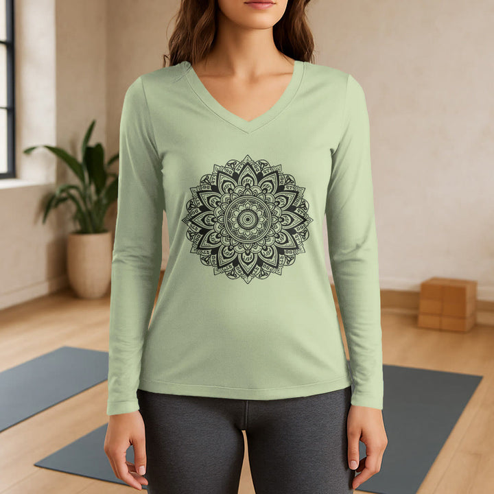 Olivenorma Lotus Flower Geometric Pattern Yoga Long Sleeve V-Neck T-Shirt - Light Green - 3XL - image 0