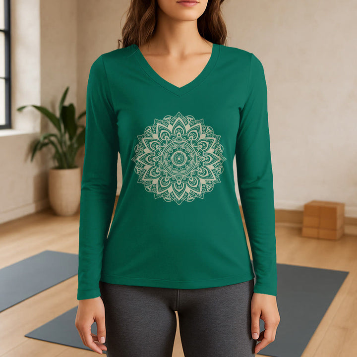 Olivenorma Lotus Flower Geometric Pattern Yoga Long Sleeve V-Neck T-Shirt - Green - 3XL - image 11