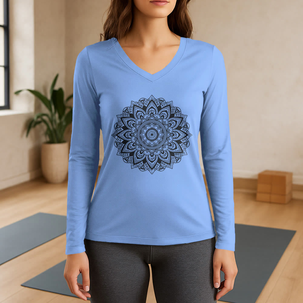 Olivenorma Lotus Flower Geometric Pattern Yoga Long Sleeve V-Neck T-Shirt - Light Blue - 3XL - image 10