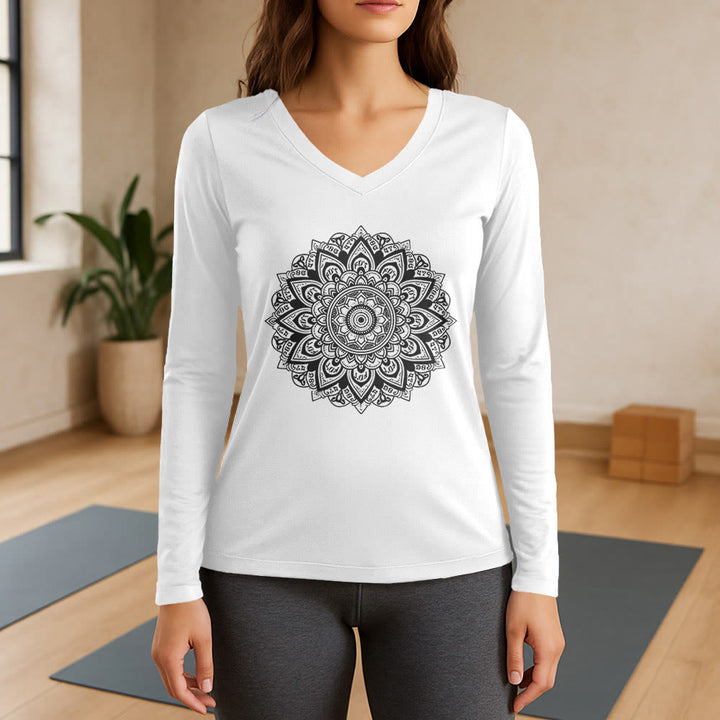 Olivenorma Lotus Flower Geometric Pattern Yoga Long Sleeve V-Neck T-Shirt - White - 3XL - image 7