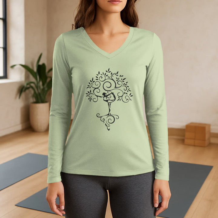 Olivenorma Yoga Tree Pose Long Sleeve V-Neck T-Shirt - image 1