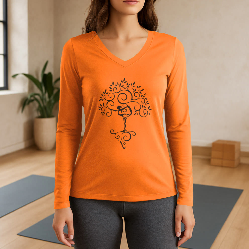 Olivenorma Yoga Tree Pose Long Sleeve V-Neck T-Shirt - Orange - 3XL - image 16